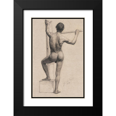 Male Nude with Left Foot on a Pedestal Black Modern Wood Framed Art Print with Double Matting by Klimt, Gustav