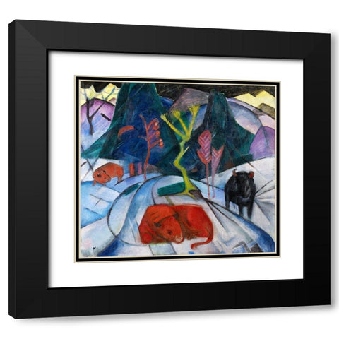 Bison in winter-red bison Black Modern Wood Framed Art Print with Double Matting by Marc, Franz