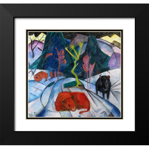 Bison in winter-red bison Black Modern Wood Framed Art Print with Double Matting by Marc, Franz