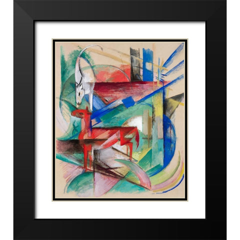 Landscape with Animals Black Modern Wood Framed Art Print with Double Matting by Marc, Franz