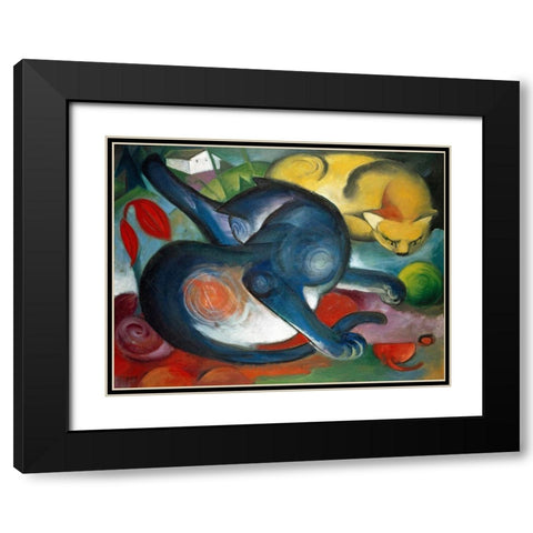 Two cats-blue and yellow Black Modern Wood Framed Art Print with Double Matting by Marc, Franz