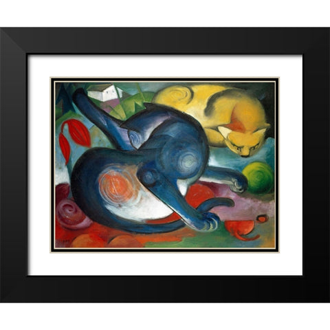 Two cats-blue and yellow Black Modern Wood Framed Art Print with Double Matting by Marc, Franz