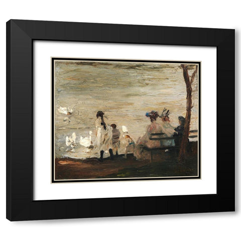 Swans in Central Park Black Modern Wood Framed Art Print with Double Matting by Bellows, George