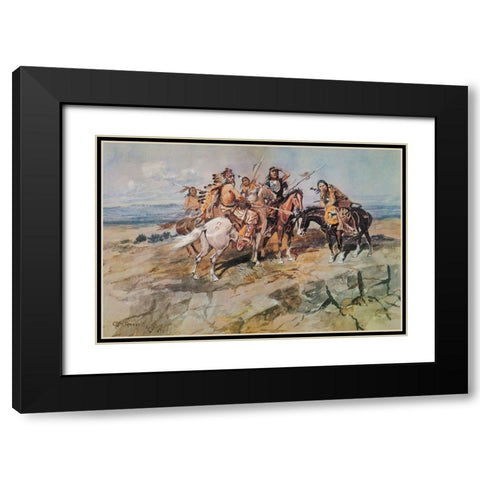 Approach of the White Men Black Modern Wood Framed Art Print with Double Matting by Russell, Charles Marion