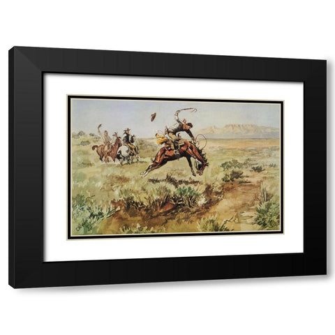 Bronco Busting Black Modern Wood Framed Art Print with Double Matting by Russell, Charles Marion