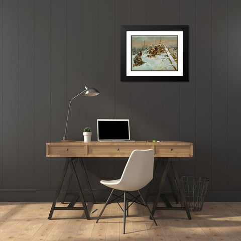 Crow Indians Hunting Elk Black Modern Wood Framed Art Print with Double Matting by Russell, Charles Marion