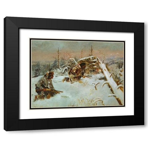Crow Indians Hunting Elk Black Modern Wood Framed Art Print with Double Matting by Russell, Charles Marion
