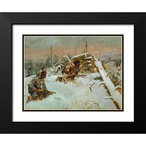 Crow Indians Hunting Elk Black Modern Wood Framed Art Print with Double Matting by Russell, Charles Marion