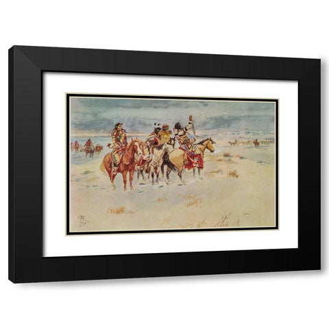 Indians Hailing Immigrants Black Modern Wood Framed Art Print with Double Matting by Russell, Charles Marion
