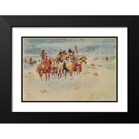 Indians Hailing Immigrants Black Modern Wood Framed Art Print with Double Matting by Russell, Charles Marion
