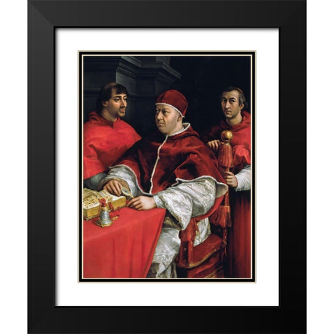 Portrait of Pope Leo X and his cousins Black Modern Wood Framed Art Print with Double Matting by Raphael