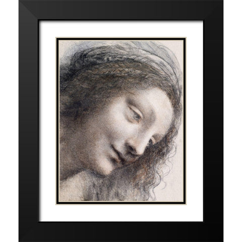 The Head of the Virgin in Three-Quarter View Facing Right Black Modern Wood Framed Art Print with Double Matting by da Vinci, Leonardo
