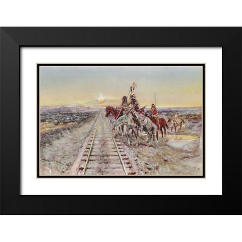 Trail of the Iron Horse Black Modern Wood Framed Art Print with Double Matting by Russell, Charles Marion