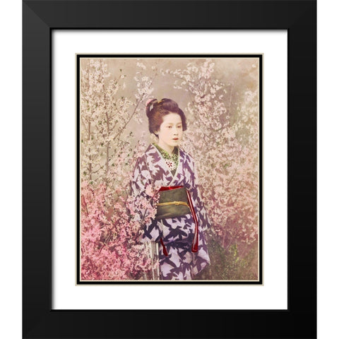 Geisha and Cherry Blossom Black Modern Wood Framed Art Print with Double Matting by Kazumasa, Ogawa