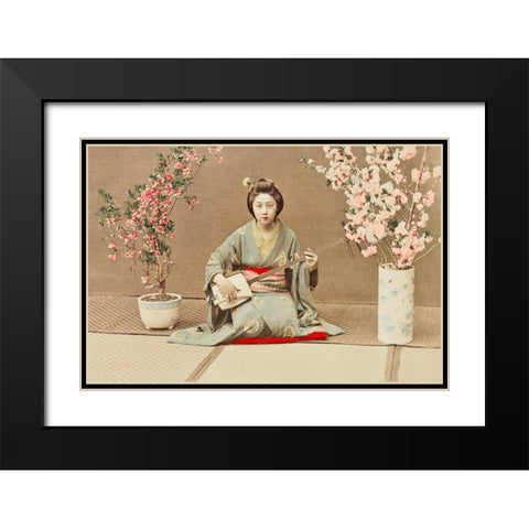 Geisha Playing Samisen Black Modern Wood Framed Art Print with Double Matting by Kazumasa, Ogawa