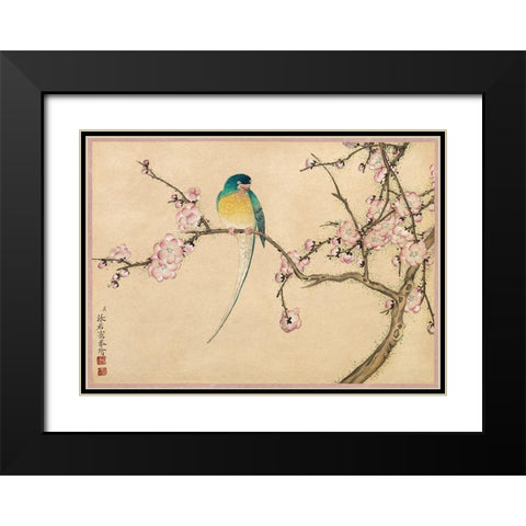 Bird with Plum Blossoms Black Modern Wood Framed Art Print with Double Matting by Ruoai, Zhang