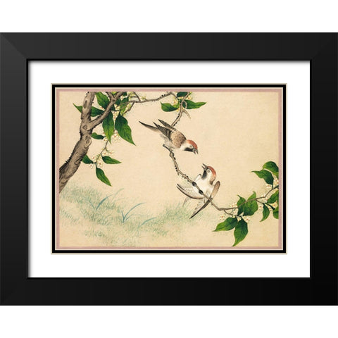 Gossiping Sparrows Black Modern Wood Framed Art Print with Double Matting by Ruoai, Zhang