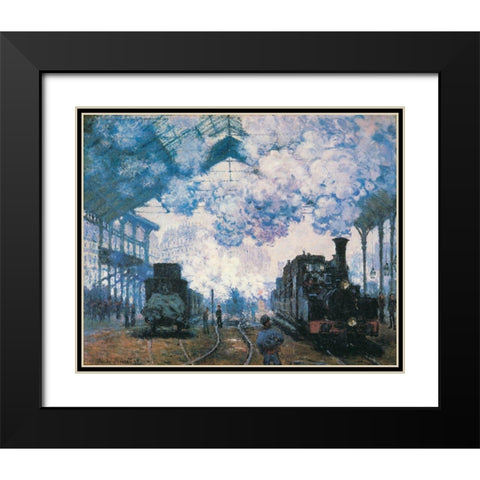 La Gare St. Lazare trains 1877 Black Modern Wood Framed Art Print with Double Matting by Monet, Claude