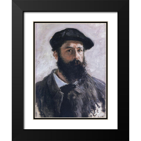 Self-portrait in beret 1886 Black Modern Wood Framed Art Print with Double Matting by Monet, Claude