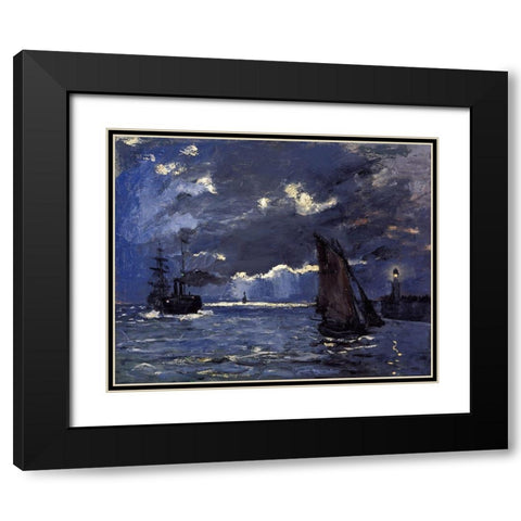 A Seascape-Shipping by Moonlight 1864 Black Modern Wood Framed Art Print with Double Matting by Monet, Claude