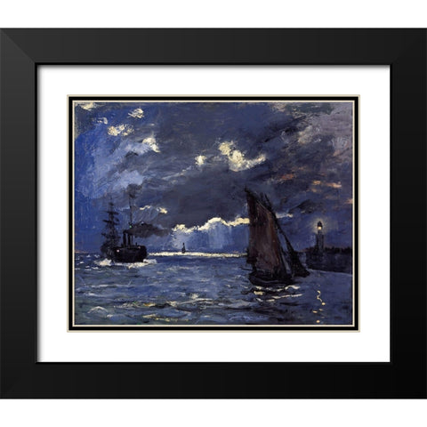 A Seascape-Shipping by Moonlight 1864 Black Modern Wood Framed Art Print with Double Matting by Monet, Claude