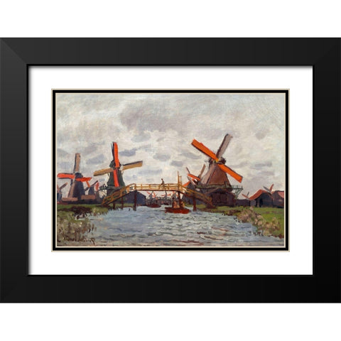 Mills at Westzijderveld near Zaandam 1871 Black Modern Wood Framed Art Print with Double Matting by Monet, Claude