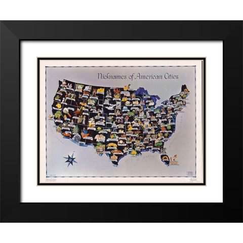 Nicknames of American Cities on US Map 1951 Black Modern Wood Framed Art Print with Double Matting by Vintage Photography