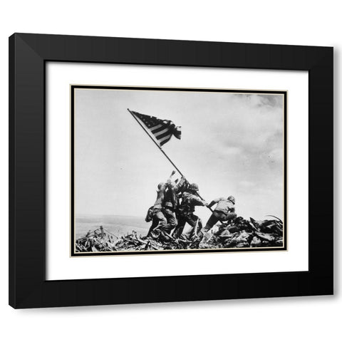 Flag Raising on Iwo Jima 1945 Black Modern Wood Framed Art Print with Double Matting by Vintage Photography