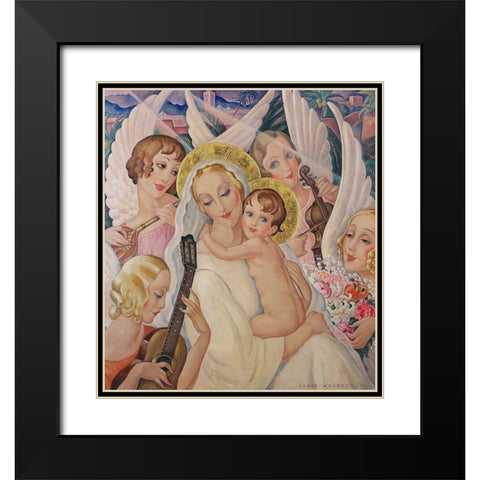 Madonna and child-surrounded by angels with musical instruments Black Modern Wood Framed Art Print with Double Matting by Wegener, Gerda