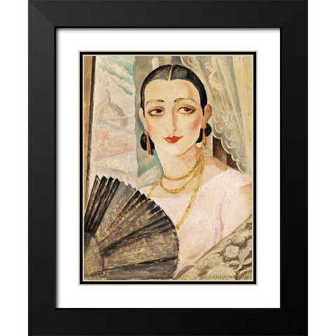 Portrait of Lili Elbe with a fan Black Modern Wood Framed Art Print with Double Matting by Wegener, Gerda