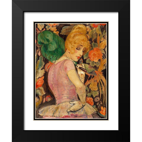Portrait of Lili Elbe with a green feather fan Black Modern Wood Framed Art Print with Double Matting by Wegener, Gerda