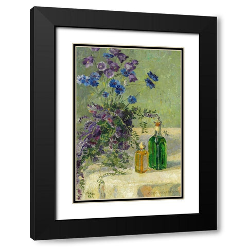 Still life with blue flowers and two bottles on a table Black Modern Wood Framed Art Print with Double Matting by Wegener, Gerda