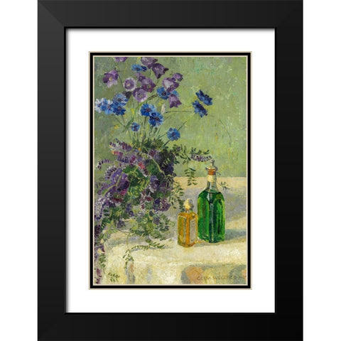Still life with blue flowers and two bottles on a table Black Modern Wood Framed Art Print with Double Matting by Wegener, Gerda