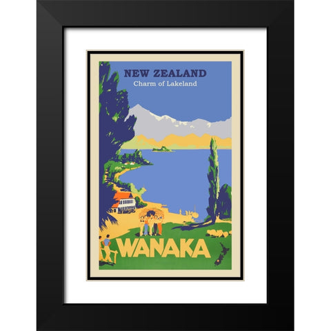 New Zealand Wanaka Travel Poster Black Modern Wood Framed Art Print with Double Matting by Vintage Travel Posters