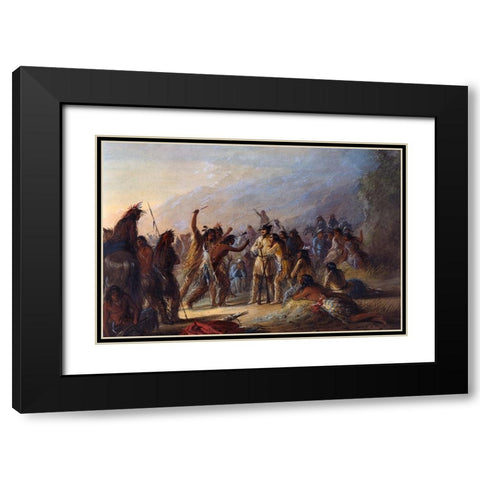 Attack by Crow Indians Black Modern Wood Framed Art Print with Double Matting by Miller, Alfred Jacob