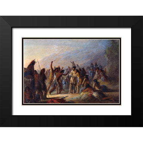 Attack by Crow Indians Black Modern Wood Framed Art Print with Double Matting by Miller, Alfred Jacob