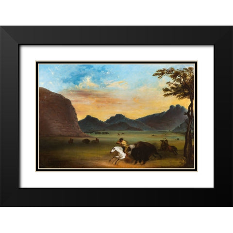Buffalo Hunt Black Modern Wood Framed Art Print with Double Matting by Miller, Alfred Jacob