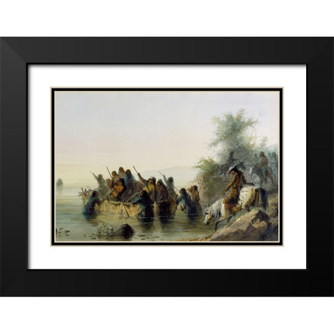 Bull Boating Black Modern Wood Framed Art Print with Double Matting by Miller, Alfred Jacob