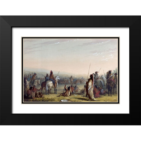 Indian Council Black Modern Wood Framed Art Print with Double Matting by Miller, Alfred Jacob