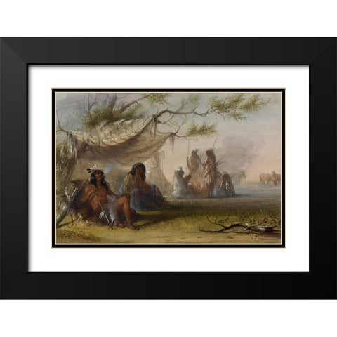 Indian Encampment Black Modern Wood Framed Art Print with Double Matting by Miller, Alfred Jacob