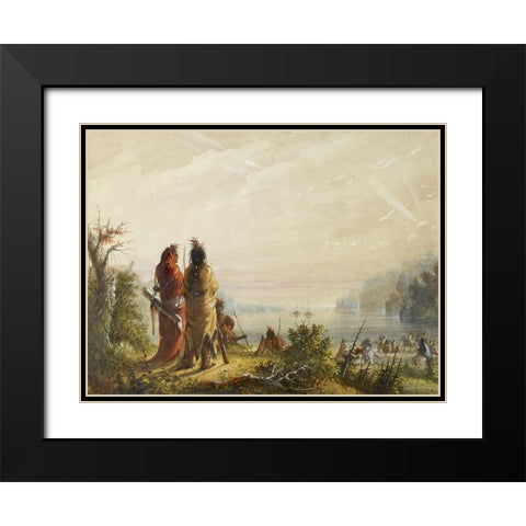 Indians Threatining to Attack Fur Boats Black Modern Wood Framed Art Print with Double Matting by Miller, Alfred Jacob