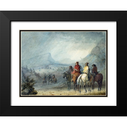 Waiting for the Caravan Black Modern Wood Framed Art Print with Double Matting by Miller, Alfred Jacob