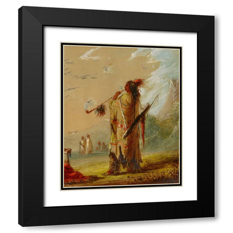 A Shoshonee Indian Smoking Black Modern Wood Framed Art Print with Double Matting by Miller, Alfred Jacob