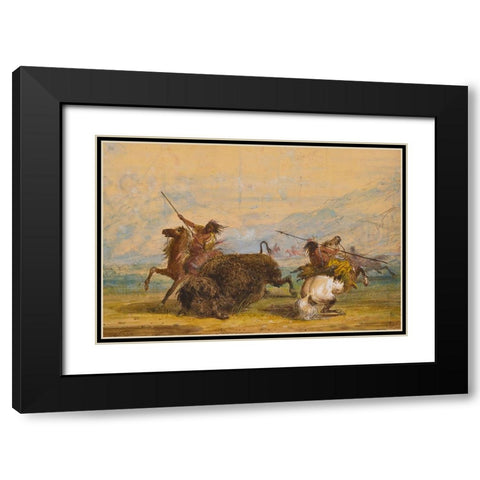 Crow Indians attacking a buffalo with the lance Black Modern Wood Framed Art Print with Double Matting by Miller, Alfred Jacob