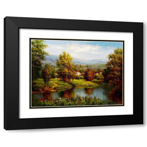 Village at the River Bank Black Modern Wood Framed Art Print with Double Matting by Hulsey