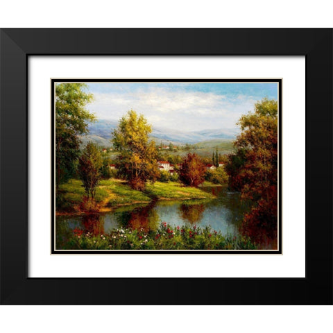 Village at the River Bank Black Modern Wood Framed Art Print with Double Matting by Hulsey