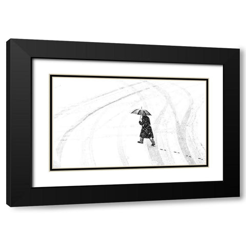 Man with umbrella Black Modern Wood Framed Art Print with Double Matting by Ohlendorf, Anette
