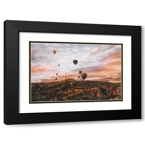 Cappodocia Hot air Balloon Black Modern Wood Framed Art Print with Double Matting by Yorgancilar, Ayse