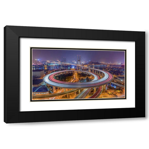 The Nanpu Bridge Black Modern Wood Framed Art Print with Double Matting by Chen, Barry