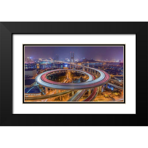 The Nanpu Bridge Black Modern Wood Framed Art Print with Double Matting by Chen, Barry